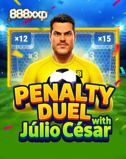Tampilan antarmuka permainan Penalty Duel dengan Júlio César di lapangan stadion.